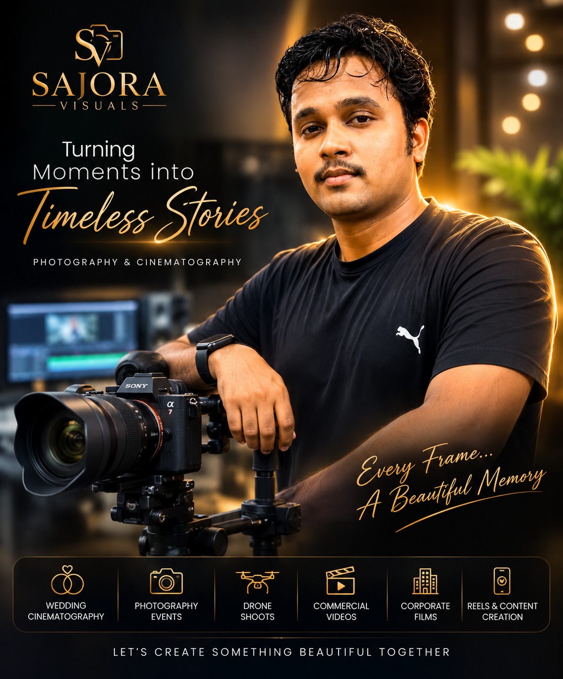Founder of Sajora Visuals with cinema camera